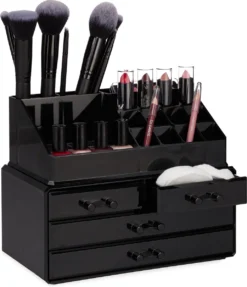 Relaxdays Make-up Organizer - Tweedelig - Cosmetica Opbergdoos + Lippenstift Houder - Zwart