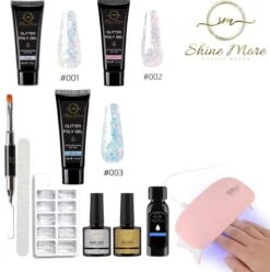 Shinemore ® Poly Gel Kit - Gellak Starters Pakket Incl. UV Nageldroger - 3 Kleuren Polygel - Nageltips - Top & Base Coat - Nageldroger - Poly Acryl Nagels - Polygel Set - White Glitter , Pink Glitter , Blue Glitter