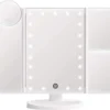 UNIQ Trifold Make Up Spiegel Met LED Verlichting En 2 Vergrootspiegels - Staande Spiegel - 21 LED-lampjes - Op Batterijen En USB (kabel Incl) - Wit