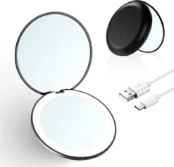 Led-verlichte Oplaadbare Compacte Make-up Spiegel Rond |1 X 2 X Vergroting | Make-upspiegel | Zakspiegel | Handspiegel | Reisspiegel | Dimbaar|als Cadeau | USB-lader | Rond | Zwart
