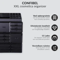 Confibel XXL Acryl Make-up Cosmetica Organizer - Verstelbare Lades - Sieraden/Make-up/Cosmetica Organizer - 11 Compartimenten - Zwart -Poeder and Foundation Winkel 1200x1200 1075