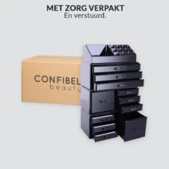 Confibel XXL Acryl Make-up Cosmetica Organizer - Verstelbare Lades - Sieraden/Make-up/Cosmetica Organizer - 11 Compartimenten - Zwart -Poeder and Foundation Winkel 1200x1200 1078