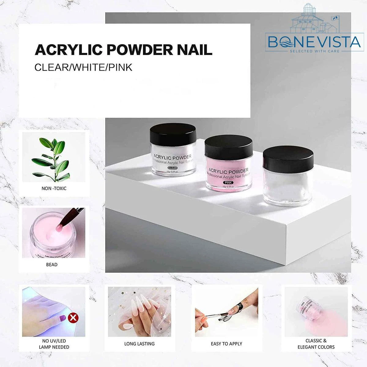Bone Vista® Acryl Nagels Starterspakket - Wit, Roze & Transparant - Professionele Kunstnagels 2 Bone Vista® Acryl Nagels Starterspakket - Wit, Roze & Transparant - Professionele Kunstnagels - Afbeelding 2