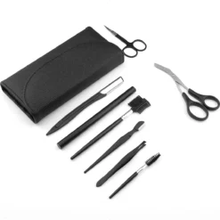 Wenkbrauw Trimmer Set - 8-delig – Met Epileer Pincet, 2x Wenkbrauw Schaartje, 2x Wenkbrauwmesje, Wenkbrauw Borstel, Wenkbrauwpotlood, Spoolie – In Stevige Etui - Zwart -Poeder and Foundation Winkel 1200x1200 1322