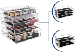 SONGMICS Make-up Organiser, 2-delige Opbergdozen Voor Sieraden En Cosmetica, Stapelbaar, Met 5 Laden, Transparant Polystyreen JMU32TP -Poeder and Foundation Winkel 1200x846