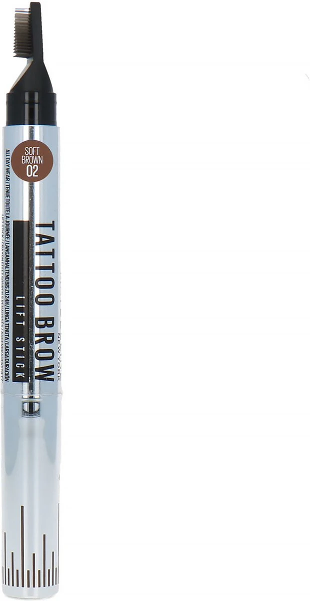 Maybelline New York - Tattoo Brow Lift Stick 02 Soft Brown - Bruin Wenkbrauwpotlood Met Stylingborstel 1 Maybelline New York - Tattoo Brow Lift Stick 02 Soft Brown - Bruin Wenkbrauwpotlood Met Stylingborstel