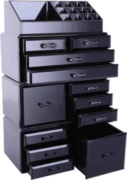 Confibel XXL Acryl Make-up Cosmetica Organizer - Verstelbare Lades - Sieraden/Make-up/Cosmetica Organizer - 11 Compartimenten - Zwart -Poeder and Foundation Winkel 847x1200 3