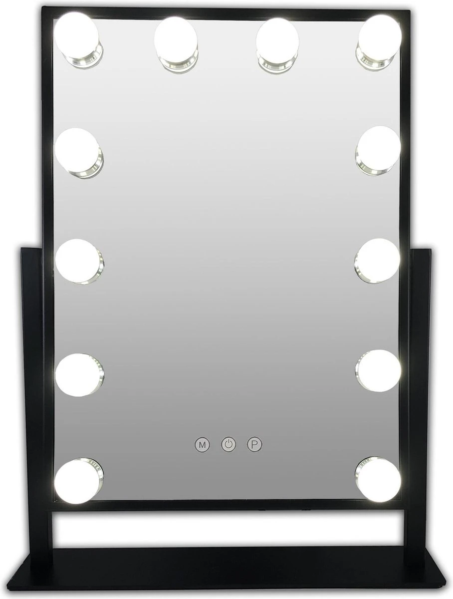 Zwarte Make-up Hollywood LED Spiegel, 12x Dimbare LED Bulbs. 3 Kleuren Licht 1 Zwarte Make-up Hollywood LED Spiegel, 12x Dimbare LED Bulbs. 3 Kleuren Licht