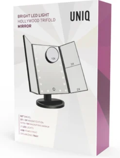 UNIQ Trifold Make Up Spiegel Met LED Verlichting En 2 Vergrootspiegels - Staande Spiegel - 21 LED-lampjes - Op Batterijen En USB (kabel Incl) - Zwart -Poeder and Foundation Winkel 912x1200 3